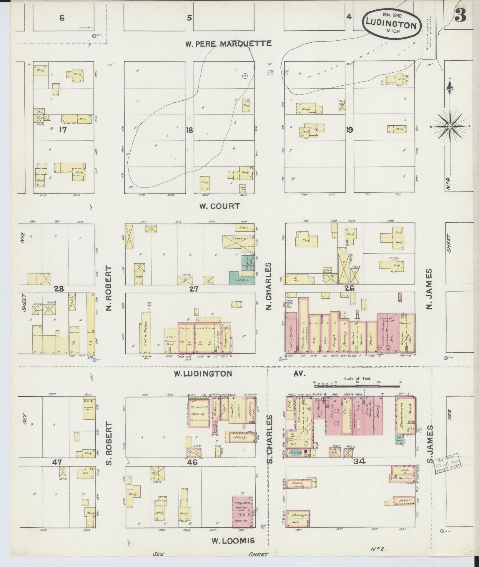 Sanborn Fire Insurance Map from Ludington, Mason County, Michigan (1890), Sheet #0003 - Complete Map Set gallery image, historic Sanborn map, vintage wall art, Michigan Michigan