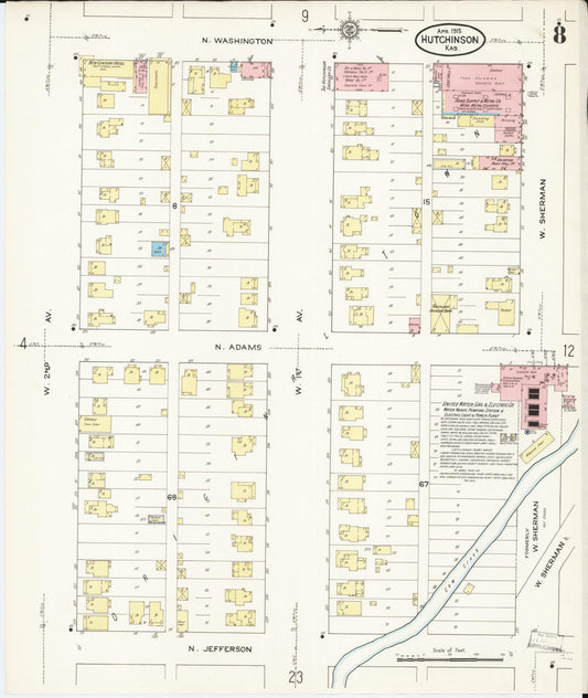 Sanborn Fire Insurance Map from Hutchinson, Reno County, Kansas (1915), Sheet #0009 - Historic Sanborn Fire Insurance Map Print, vintage old map wall art, antique decor, genealogy gift, Kansas Kansas map