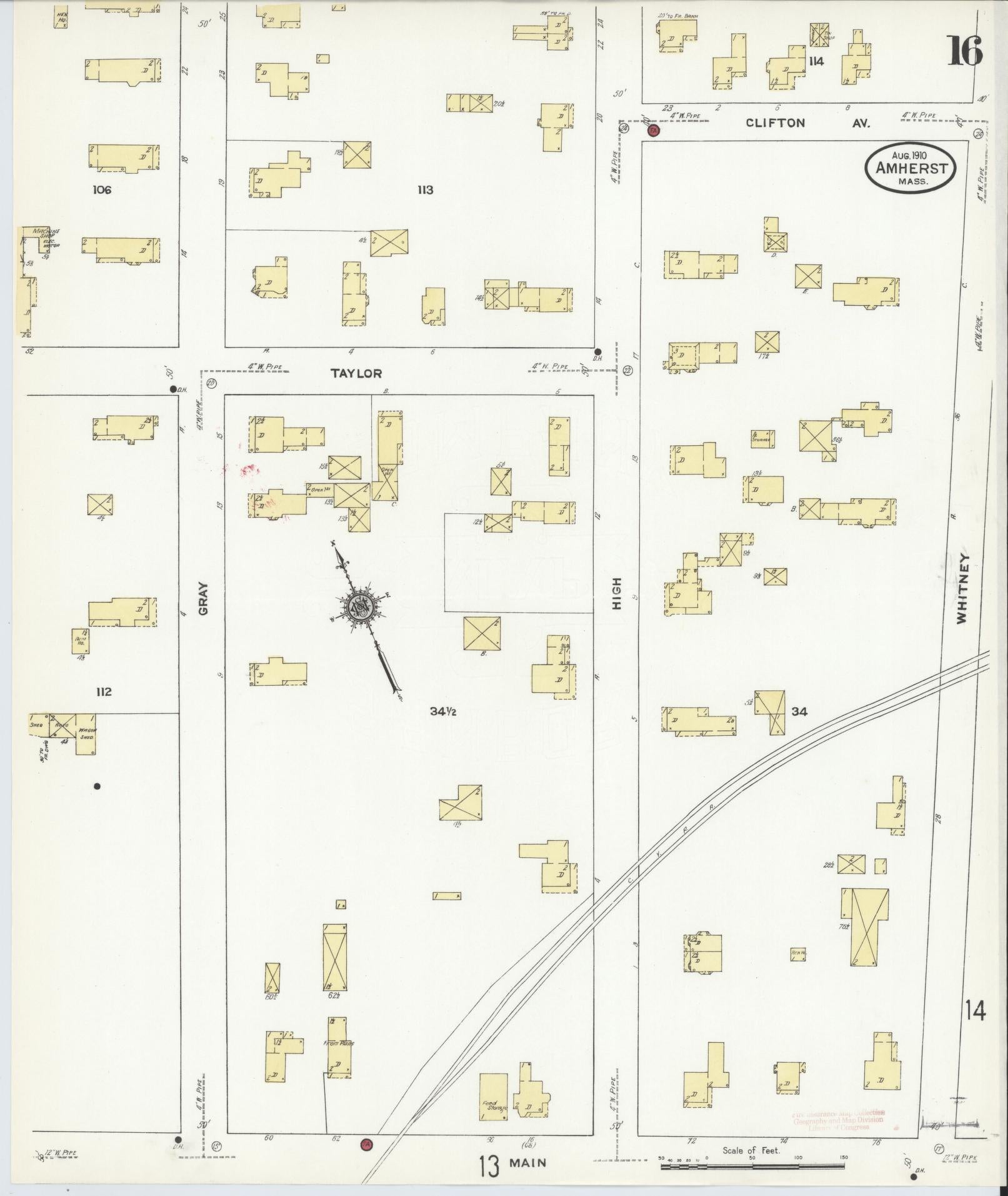 Sanborn Fire Insurance Map from Amherst, Hampshire County, Massachusetts (1910), Sheet #0016 - Historic Sanborn Fire Insurance Map Print, vintage old map wall art, antique decor, genealogy gift, Massachusetts Massachusetts map