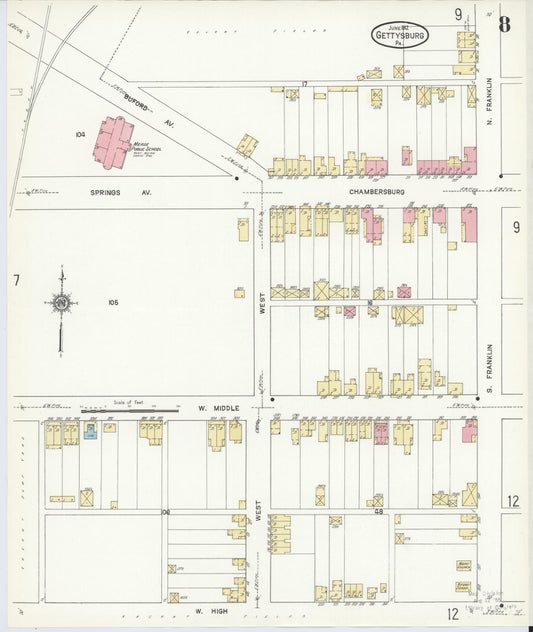 Sanborn Fire Insurance Map from Gettysburg, Adams County, Pennsylvania (1912), Sheet #0008 - Historic Sanborn Fire Insurance Map Print, vintage old map wall art, antique decor, genealogy gift, Pennsylvania Pennsylvania map