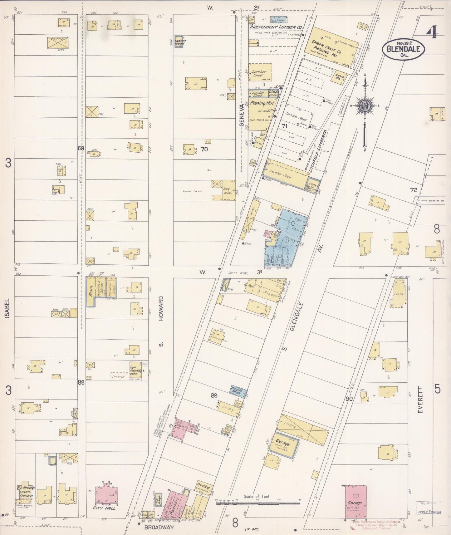Sanborn Fire Insurance Map from Glendale, Los Angeles County, California (1912), Sheet #0004 - Historic Sanborn Fire Insurance Map Print, vintage old map wall art, antique decor, genealogy gift, California California map
