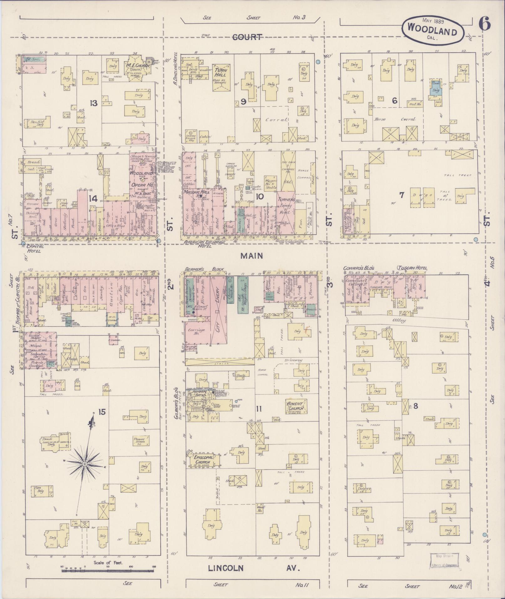 Sanborn Fire Insurance Map from Woodland, Yolo County, California (1889), Sheet #0006 - Complete Map Set gallery image, historic Sanborn map, vintage wall art, California California