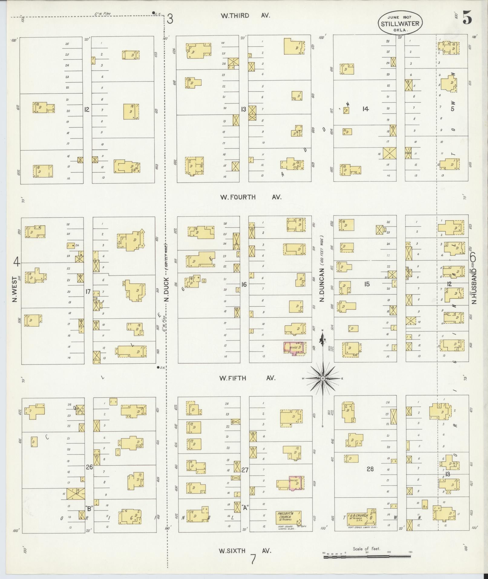 Sanborn Fire Insurance Map from Stillwater, Payne County, Oklahoma (1907), Sheet #0005 - Historic Sanborn Fire Insurance Map Print, vintage old map wall art, antique decor, genealogy gift, Oklahoma Oklahoma map