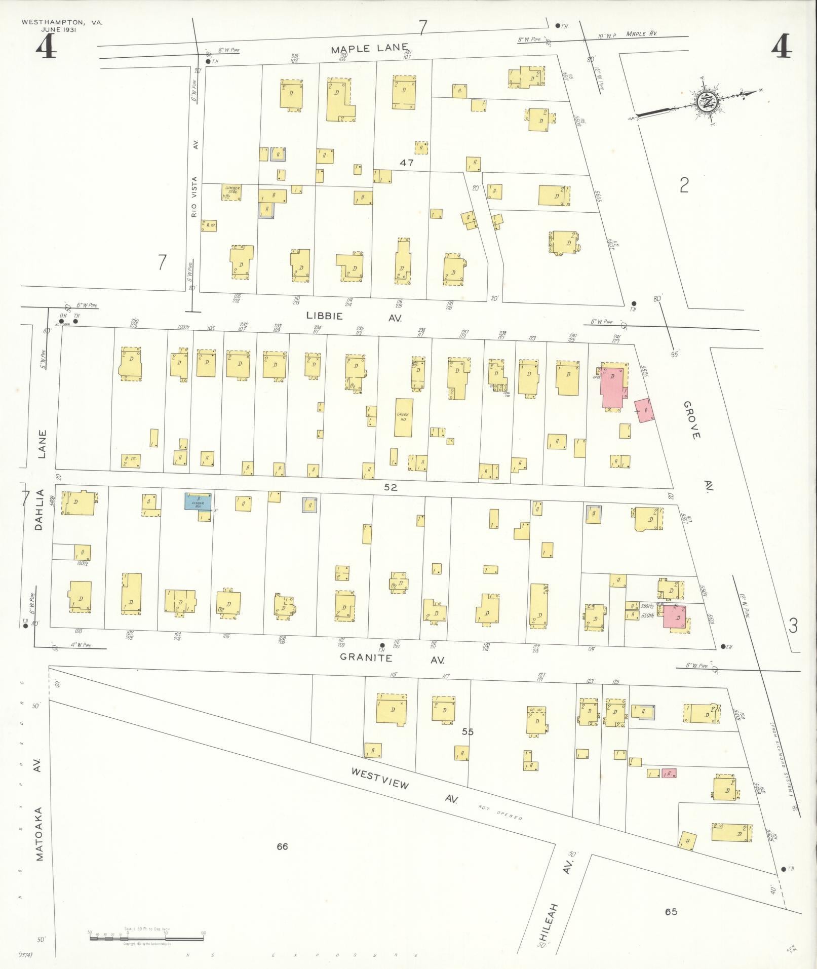 Sanborn Fire Insurance Map from Westhampton, Henrico County, Virginia (1931), Sheet #0004 - Historic Sanborn Fire Insurance Map Print, vintage old map wall art, antique decor, genealogy gift, Virginia Virginia map