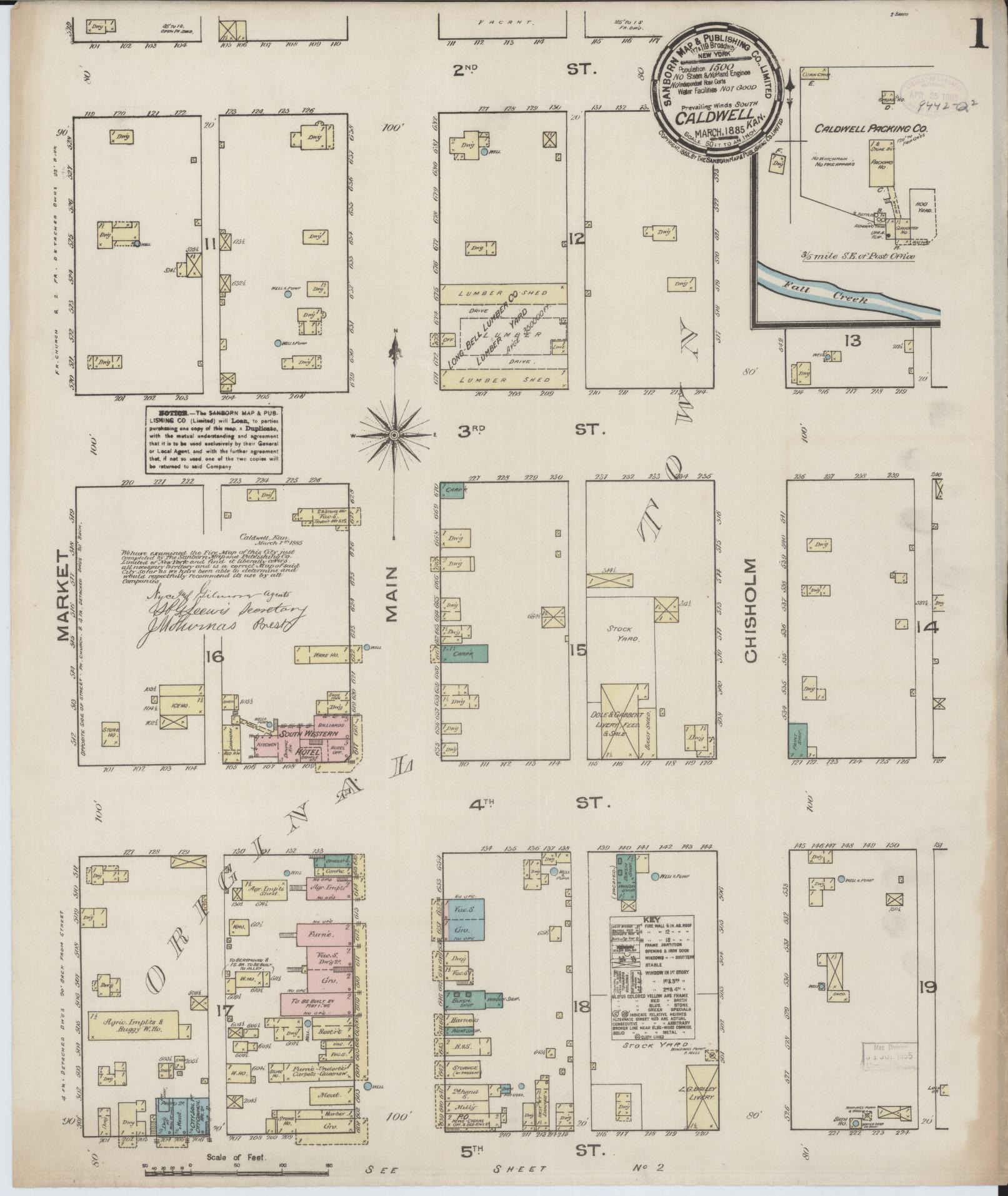 Sanborn Fire Insurance Map from Caldwell, Sumner County, Kansas (1885), Sheet #0001 - Historic Sanborn Fire Insurance Map Print, vintage old map wall art, antique decor, genealogy gift, Kansas Kansas map