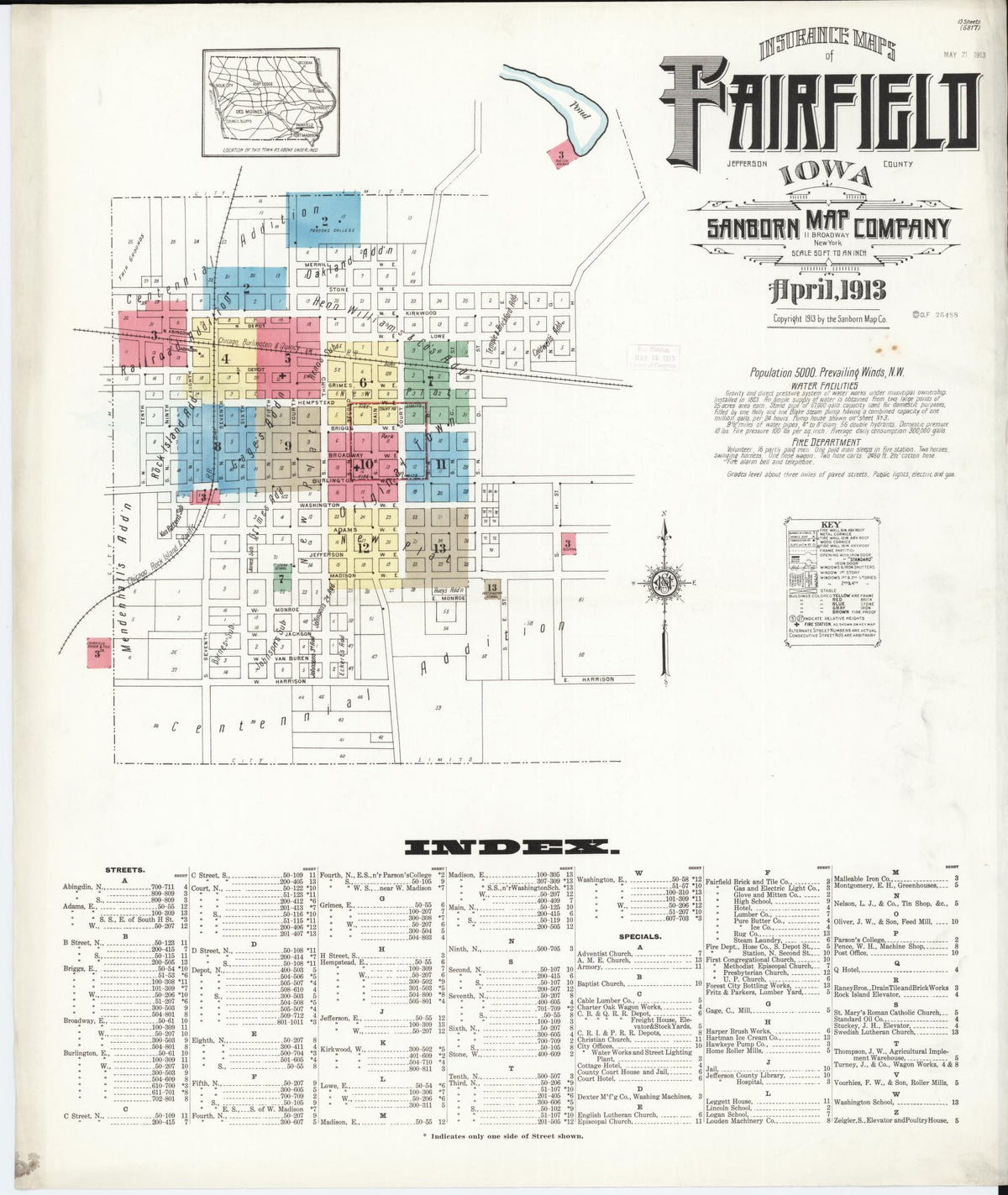Sanborn Fire Insurance Map from Fairfield, Jefferson County, Iowa (1913), Sheet #0001 - Historic Sanborn Fire Insurance Map Print