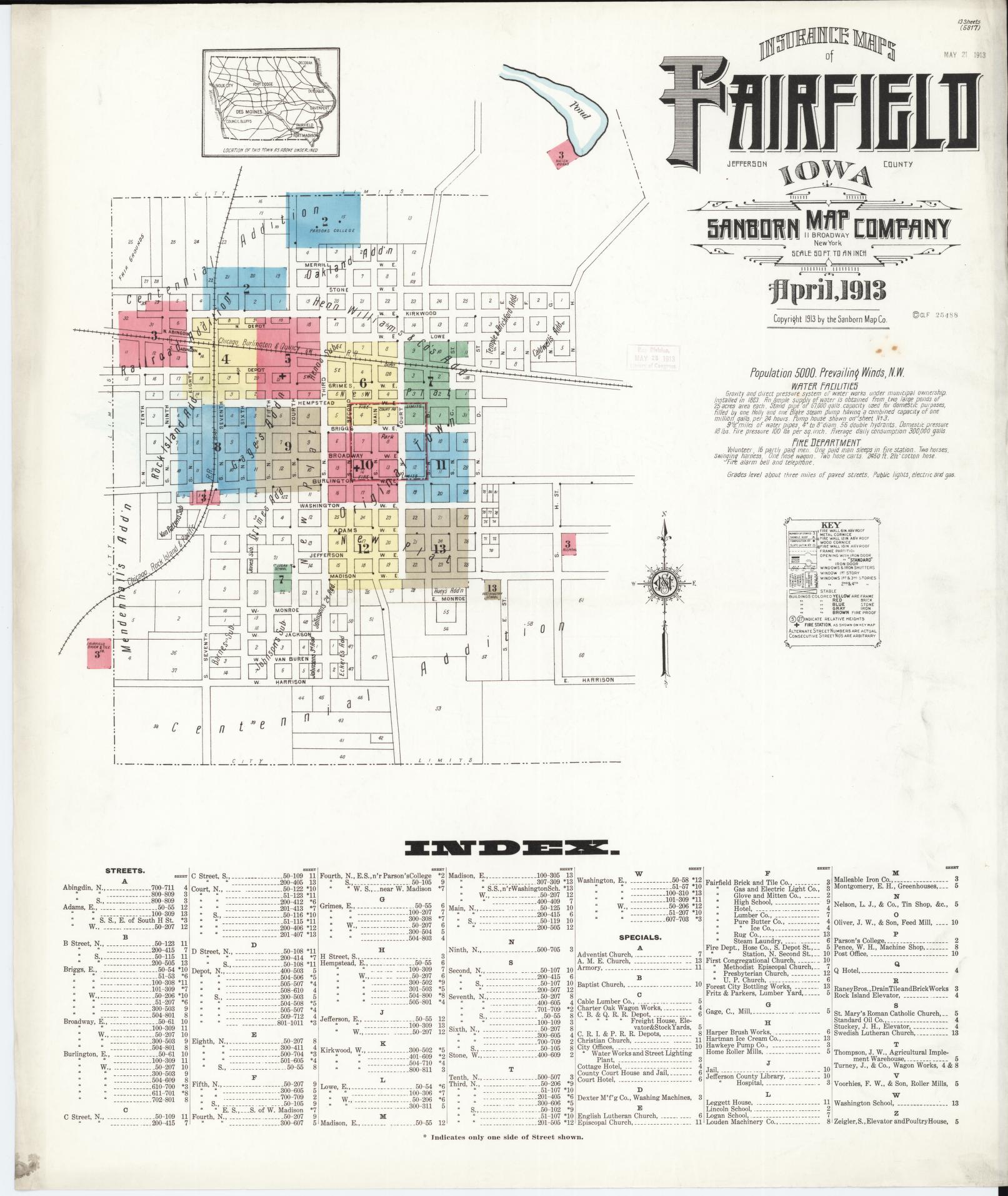 Sanborn Fire Insurance Map from Fairfield, Jefferson County, Iowa (1913), Sheet #0001 - Historic Sanborn Fire Insurance Map Print