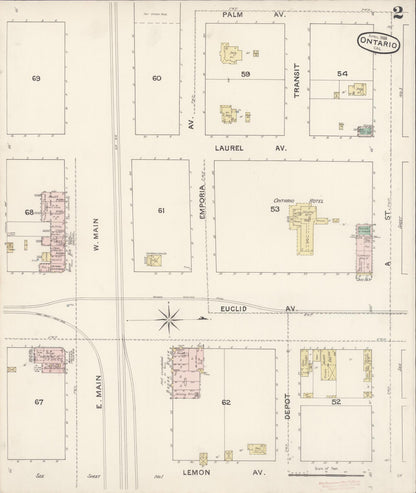 Sanborn Fire Insurance Map from Ontario, San Bernardino County, California (1888), Sheet #0002 - Historic Sanborn Fire Insurance Map Print, vintage old map wall art, antique decor, genealogy gift, California California map