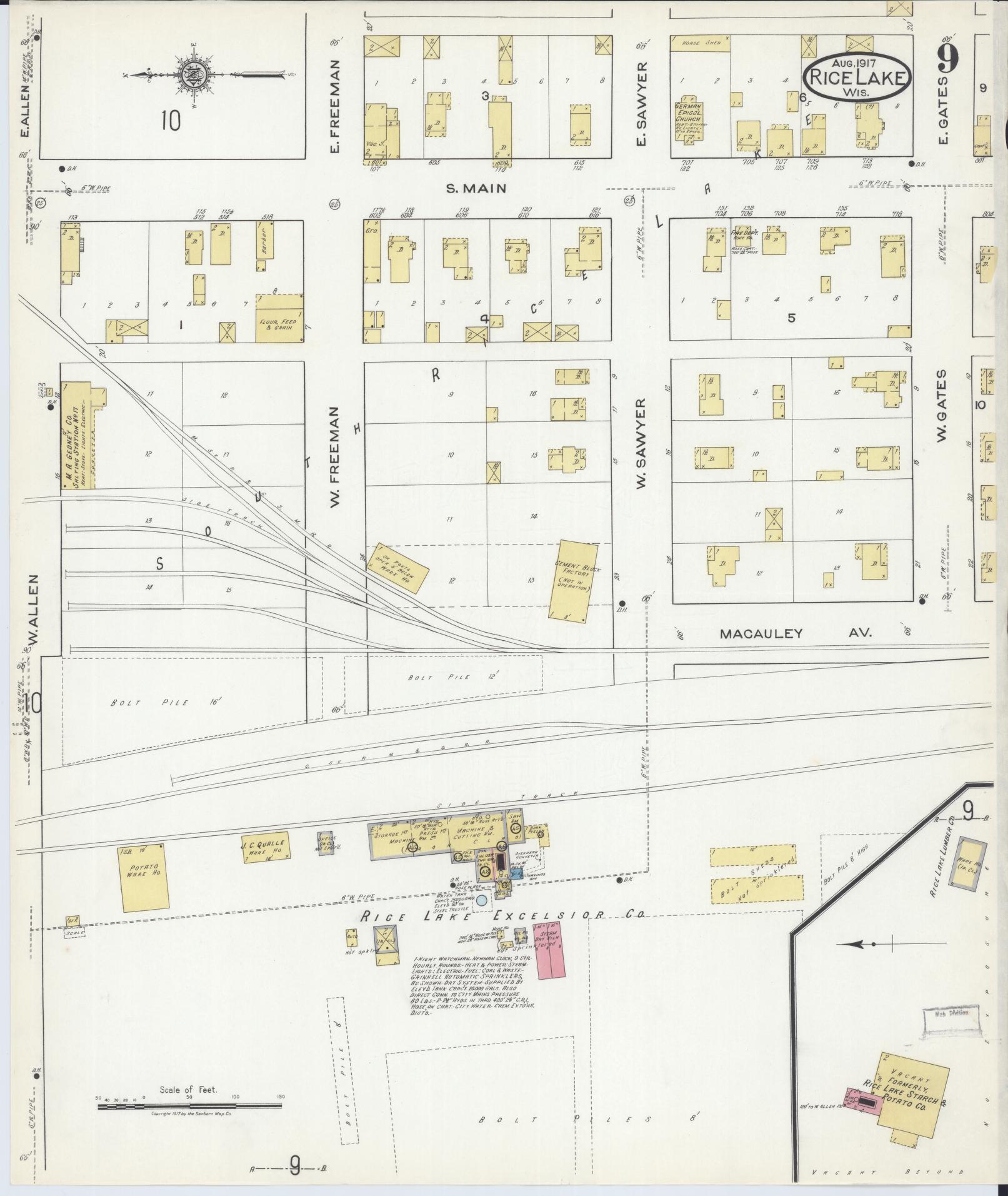 Sanborn Fire Insurance Map from Rice Lake, Barron County, Wisconsin (1917), Sheet #0009 - Historic Sanborn Fire Insurance Map Print, vintage old map wall art, antique decor, genealogy gift, Wisconsin Wisconsin map