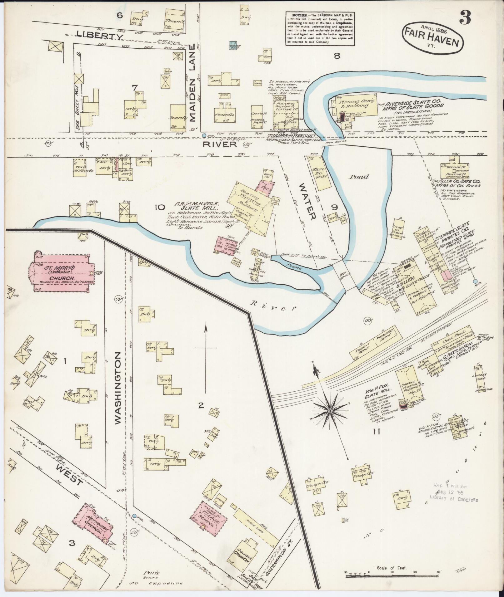 Sanborn Fire Insurance Map from Fair Haven, Rutland County, Vermont (1885), Sheet #0003 - Historic Sanborn Fire Insurance Map Print, vintage old map wall art, antique decor, genealogy gift, Vermont Vermont map