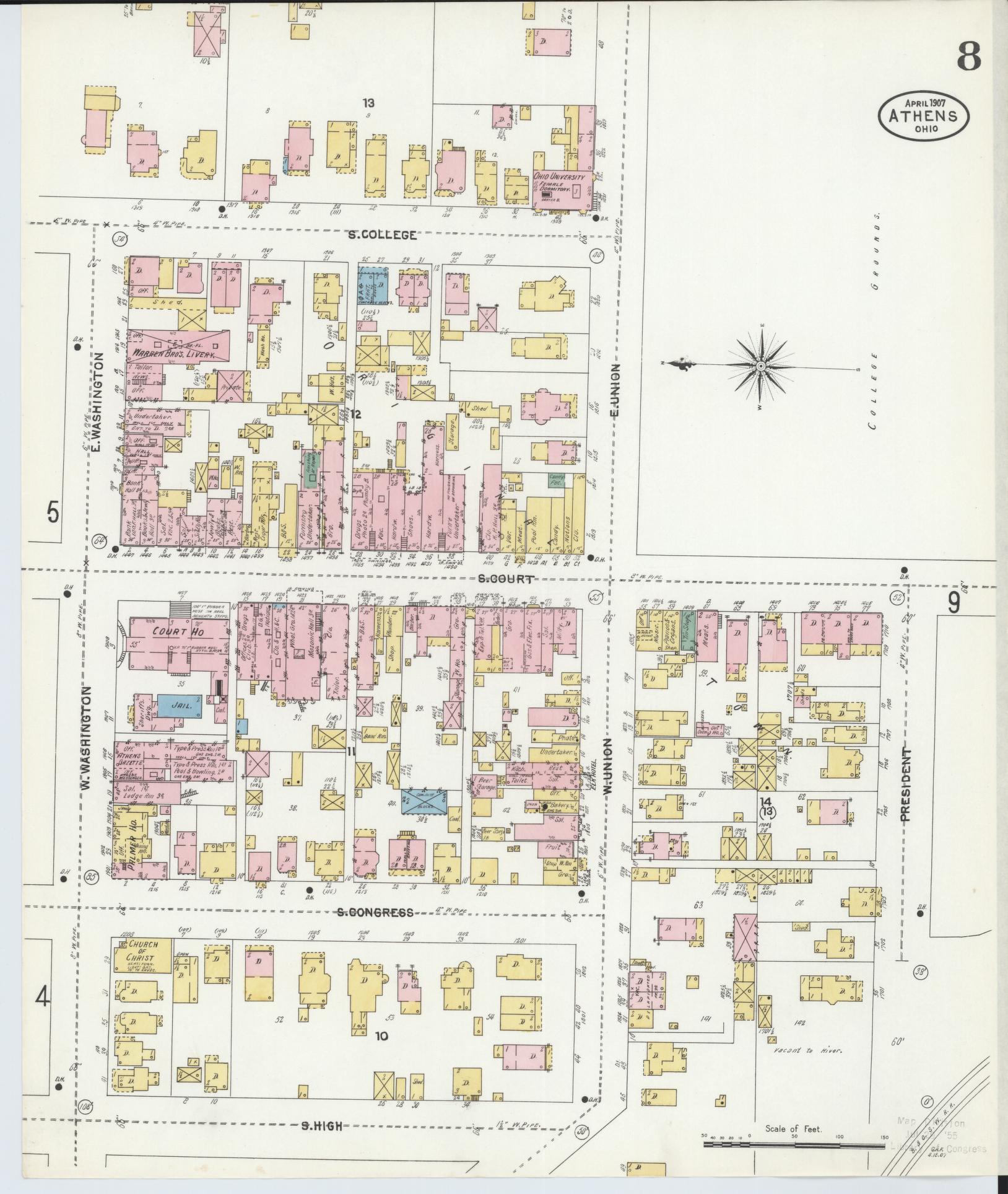 Sanborn Fire Insurance Map from Athens, Athens County, Ohio (1907), Sheet #0008 - Complete Map Set gallery image, historic Sanborn map, vintage wall art, Ohio Ohio