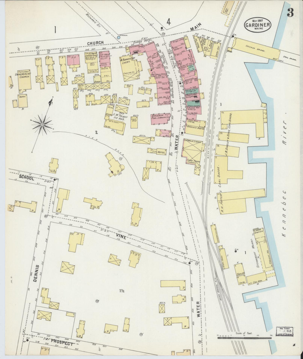 Sanborn Fire Insurance Map from Gardiner, Kennebec County, Maine (1897), Sheet #0003 - Complete Map Set gallery image, historic Sanborn map, vintage wall art, Maine Maine