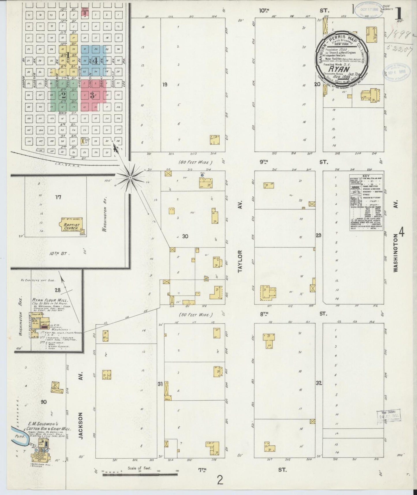 Sanborn Fire Insurance Map from Ryan, Jefferson County, Oklahoma (1898), Sheet #0001 - Complete Map Set gallery image, historic Sanborn map, vintage wall art, Oklahoma Oklahoma