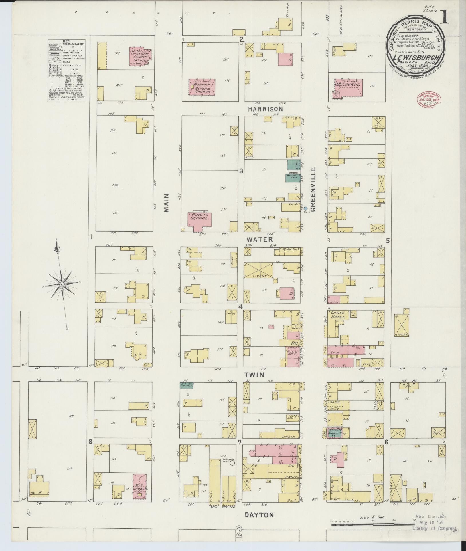 Sanborn Fire Insurance Map from Lewisburg, Preble County, Ohio (1895), Sheet #0001 - Historic Sanborn Fire Insurance Map Print, vintage old map wall art, antique decor, genealogy gift, Ohio Ohio map