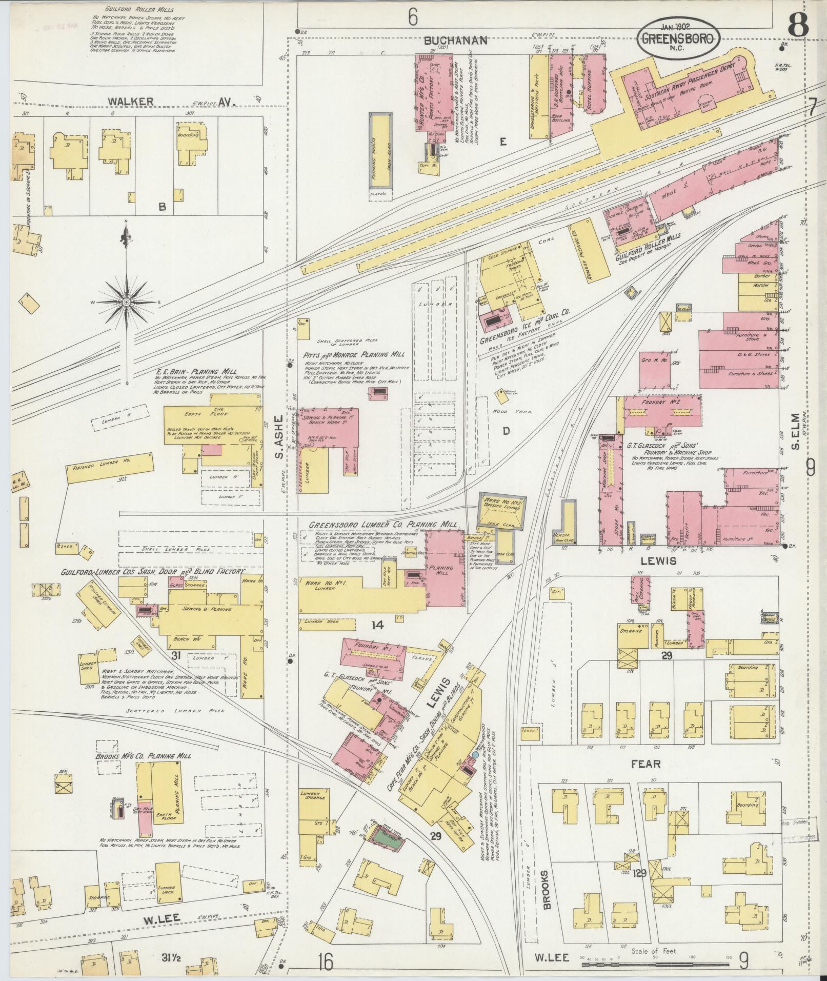 Sanborn Fire Insurance Map from Greensboro, Guilford County, North Carolina (1902), Sheet #0008 - Complete Map Set gallery image, historic Sanborn map, vintage wall art, North Carolina North Carolina