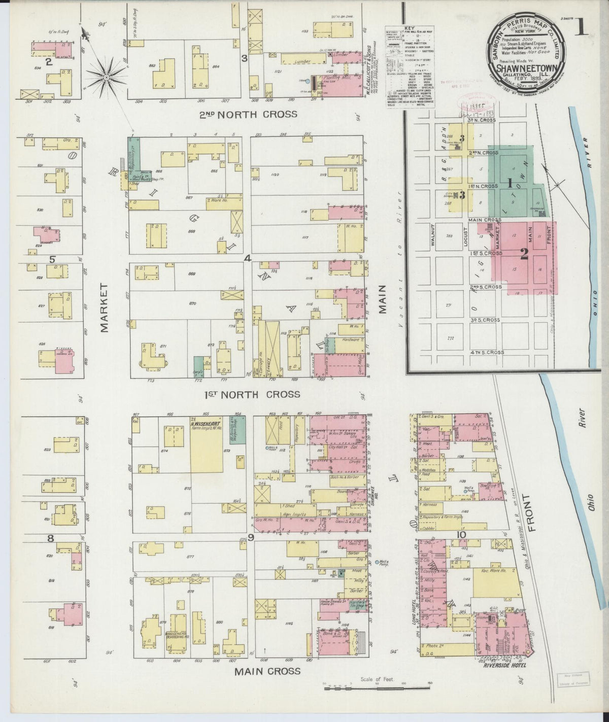 Sanborn Fire Insurance Map from Shawneetown, Gallatin County, Illinois (1893), Sheet #0001 - Historic Sanborn Fire Insurance Map Print, vintage old map wall art, antique decor, genealogy gift, Illinois Illinois map