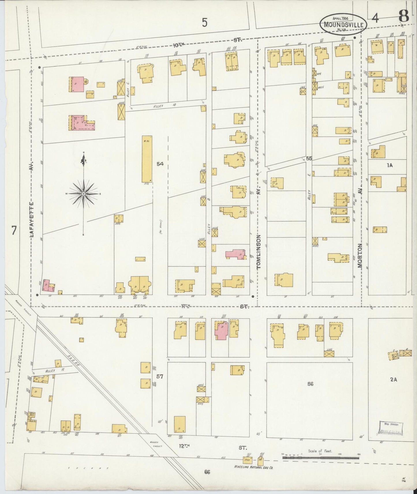 Sanborn Fire Insurance Map from Moundsville, Marshall County, West Virginia (1904), Sheet #0008 - Complete Map Set gallery image, historic Sanborn map, vintage wall art, West Virginia West Virginia