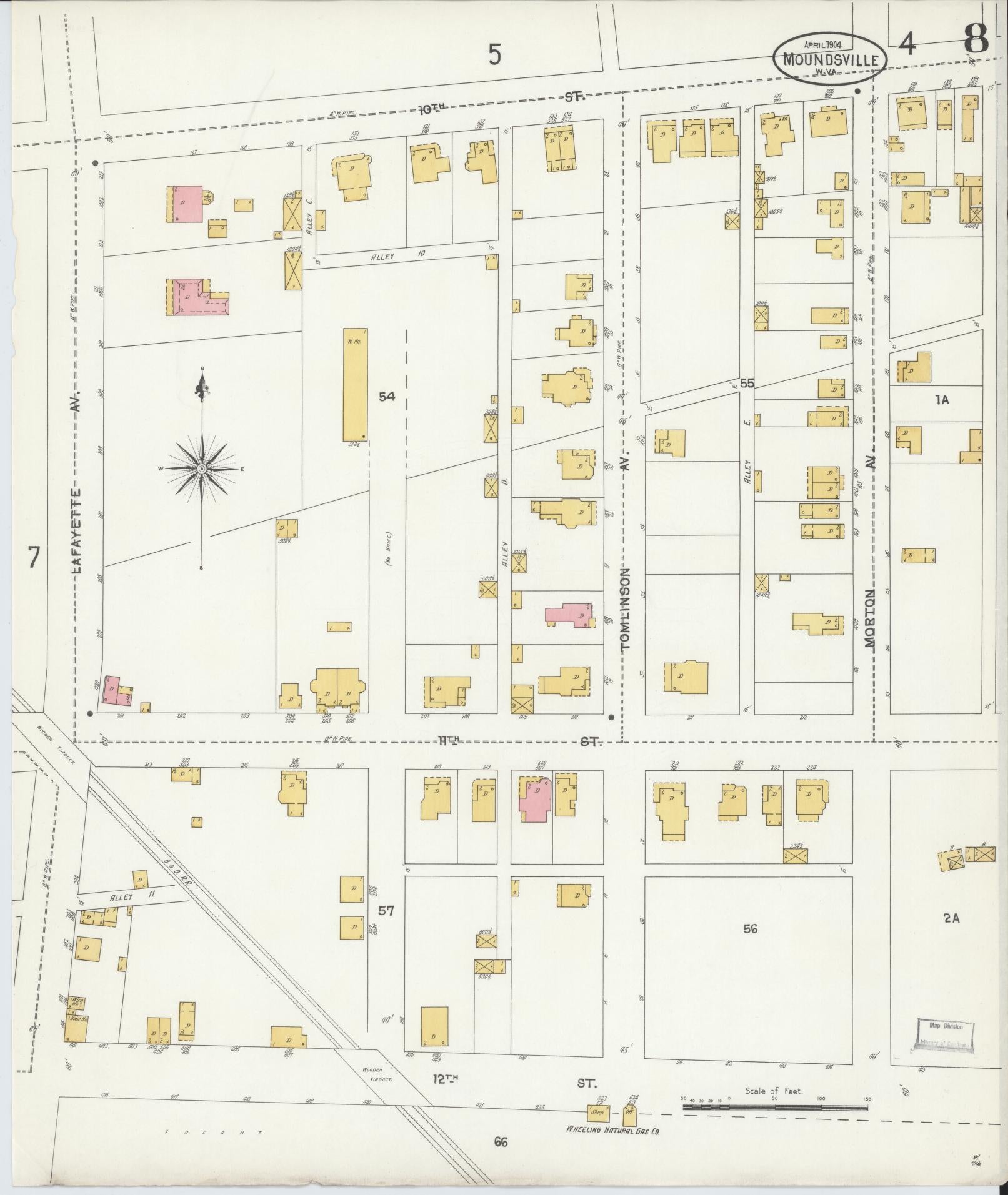 Sanborn Fire Insurance Map from Moundsville, Marshall County, West Virginia (1904), Sheet #0008 - Complete Map Set gallery image, historic Sanborn map, vintage wall art, West Virginia West Virginia