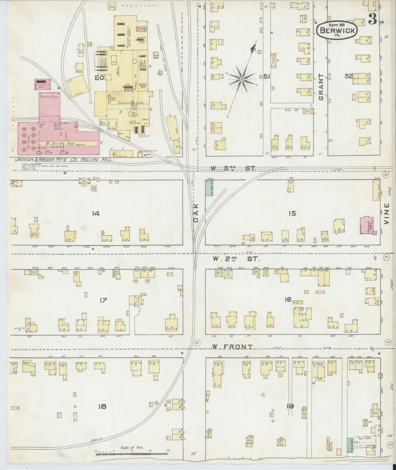 Sanborn Fire Insurance Map from Berwick, Columbia County, Pennsylvania (1891), Sheet #0003 - Historic Sanborn Fire Insurance Map Print, vintage old map wall art, antique decor, genealogy gift, Pennsylvania Pennsylvania map
