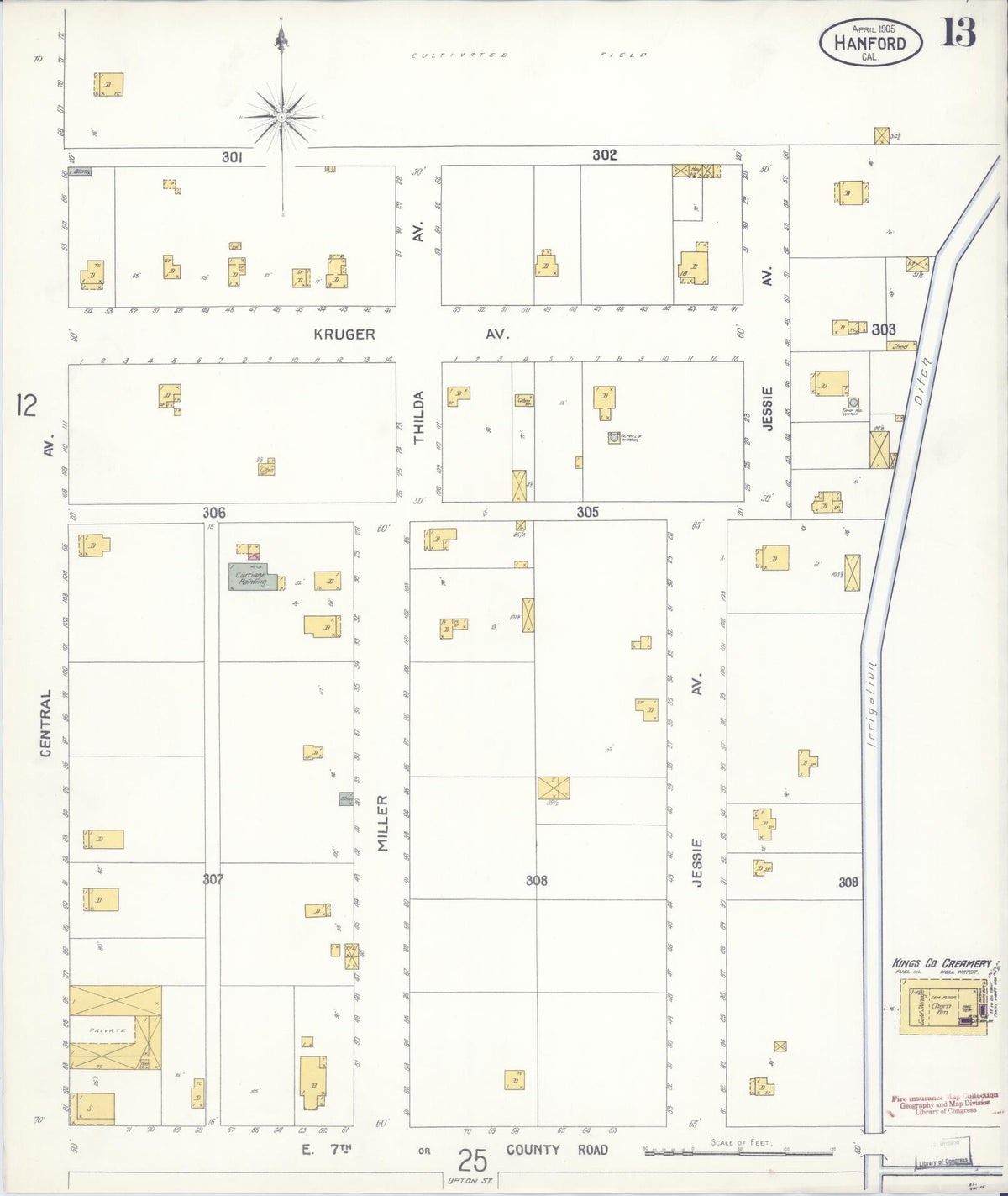 Sanborn Fire Insurance Map from Hanford, Kings County, California (1905), Sheet #0013 - Complete Map Set gallery image, historic Sanborn map, vintage wall art, California California