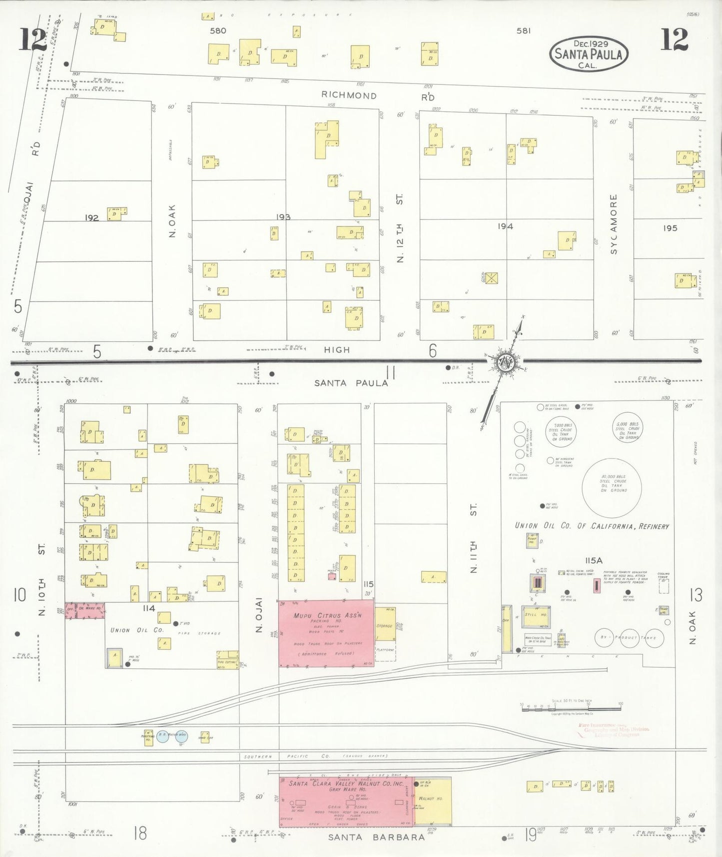 Sanborn Fire Insurance Map from Santa Paula, Ventura County, California (1929), Sheet #0012 - Complete Map Set gallery image, historic Sanborn map, vintage wall art, California California