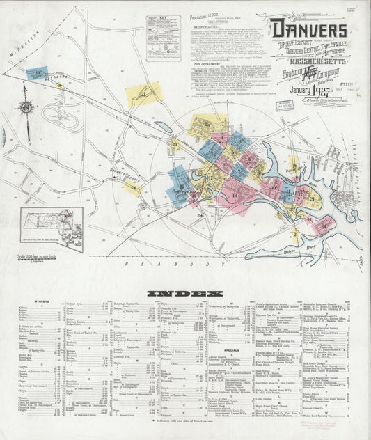 Sanborn Fire Insurance Map from Danvers, Essex County, Massachusetts (1927), Sheet #0001 - Historic Sanborn Fire Insurance Map Print, vintage old map wall art, antique decor, genealogy gift, Massachusetts Massachusetts map