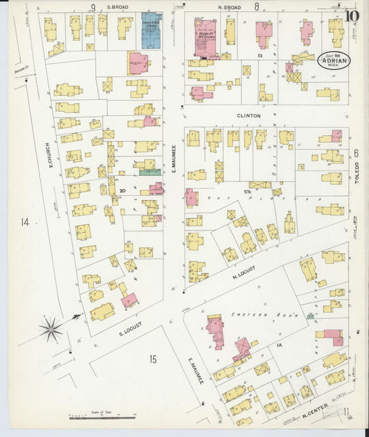 Sanborn Fire Insurance Map from Adrian, Lenawee County, Michigan (1908), Sheet #0010 - Historic Sanborn Fire Insurance Map Print, vintage old map wall art, antique decor, genealogy gift, Michigan Michigan map