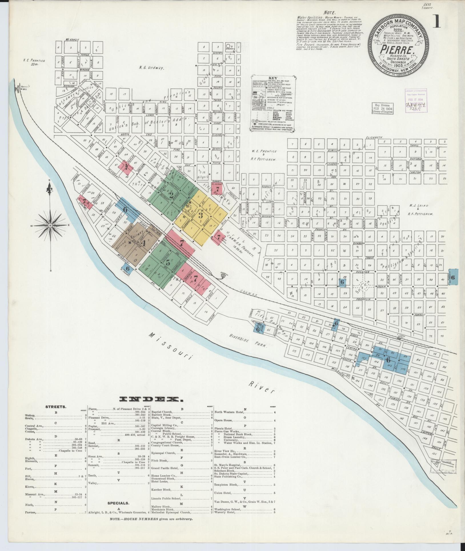 Sanborn Fire Insurance Map from Pierre, Hughes County, South Dakota (1903), Sheet #0001 - Historic Sanborn Fire Insurance Map Print, vintage old map wall art, antique decor, genealogy gift, South Dakota South Dakota map