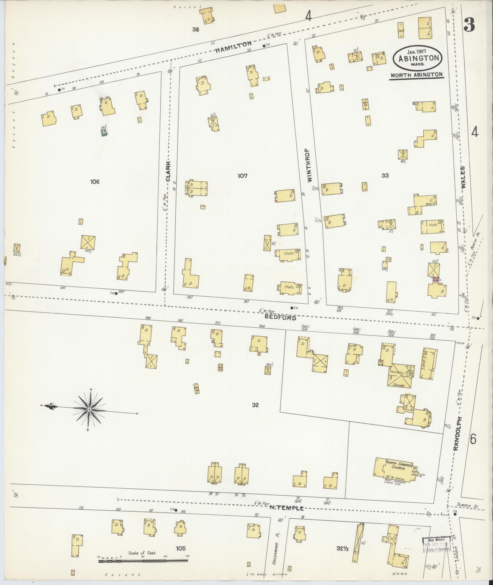 Sanborn Fire Insurance Map from Abington, Plymouth County, Massachusetts (1907), Sheet #0003 - Historic Sanborn Fire Insurance Map Print, vintage old map wall art, antique decor, genealogy gift, Massachusetts Massachusetts map