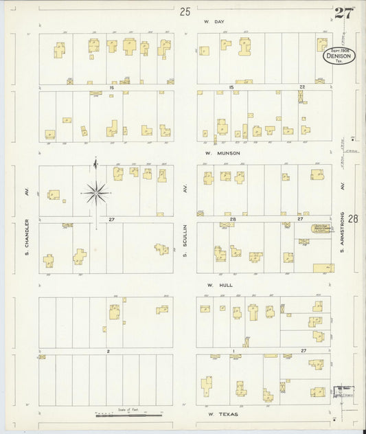 Sanborn Fire Insurance Map from Denison, Grayson County, Texas (1908), Sheet #0027 - Historic Sanborn Fire Insurance Map Print, vintage old map wall art, antique decor, genealogy gift, Texas Texas map