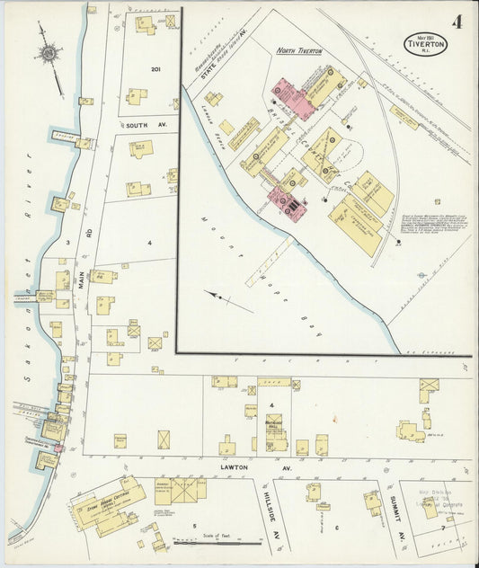 Sanborn Fire Insurance Map from Tiverton, Newport County, Rhode Island (1911), Sheet #0004 - Historic Sanborn Fire Insurance Map Print, vintage old map wall art, antique decor, genealogy gift, Rhode Island Rhode Island map