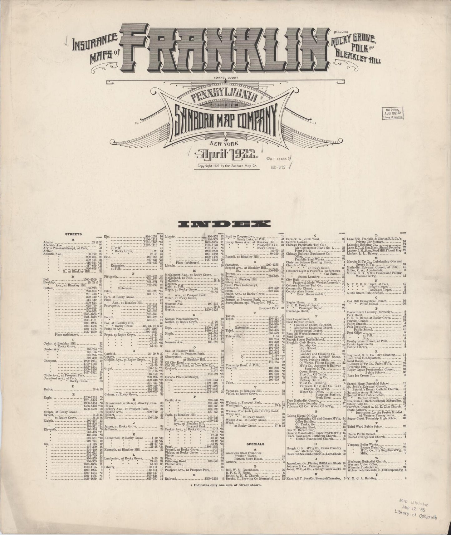 Sanborn Fire Insurance Map from Franklin, Venango County, Pennsylvania. (1922) – Historic Sanborn Fire Insurance Map Print