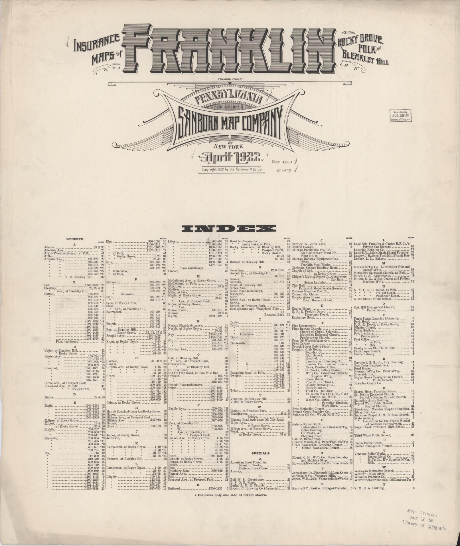 Sanborn Fire Insurance Map from Franklin, Venango County, Pennsylvania. (1922) – Historic Sanborn Fire Insurance Map Print