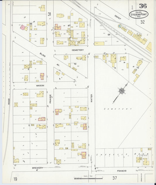 Sanborn Fire Insurance Map from Stevens Point, Portage County, Wisconsin (1912), Sheet #0036 - Historic Sanborn Fire Insurance Map Print, vintage old map wall art, antique decor, genealogy gift, Wisconsin Wisconsin map