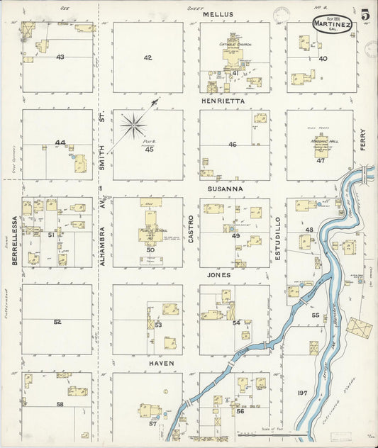 Sanborn Fire Insurance Map from Martinez, Contra Costa County, California (1891), Sheet #0005 - Historic Sanborn Fire Insurance Map Print, vintage old map wall art, antique decor, genealogy gift, California California map