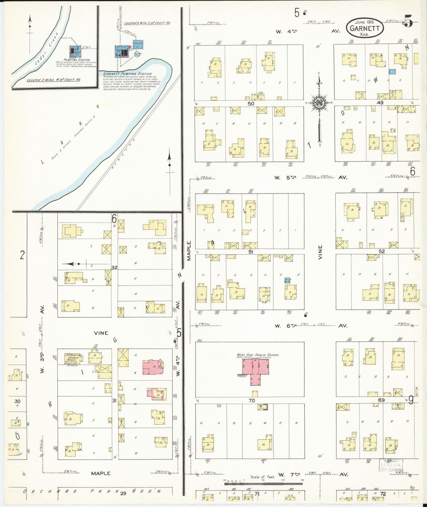 Sanborn Fire Insurance Map from Garnett, Anderson County, Kansas (1913), Sheet #0005 - Historic Sanborn Fire Insurance Map Print, vintage old map wall art, antique decor, genealogy gift, Kansas Kansas map
