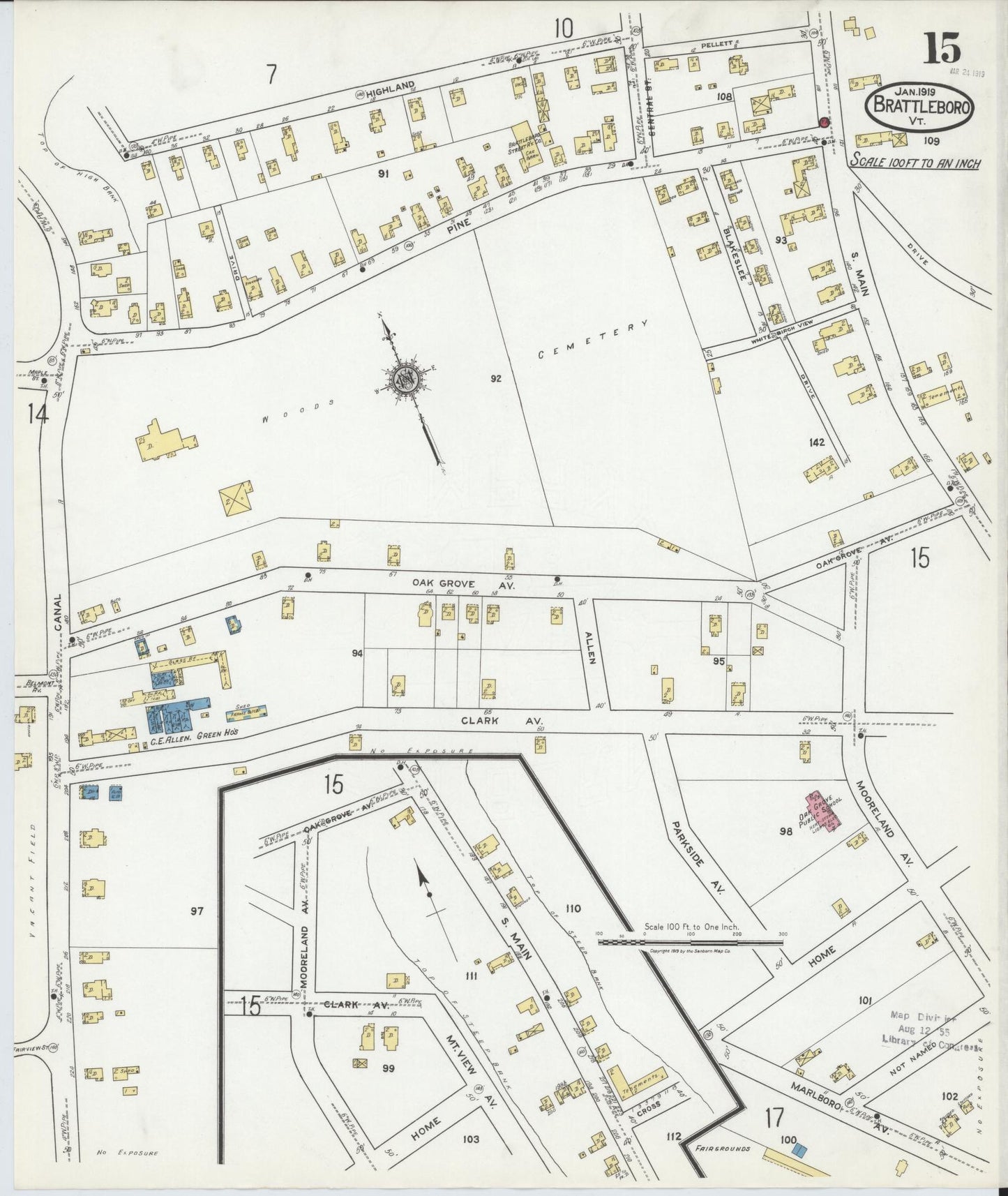 Sanborn Fire Insurance Map from Brattleboro, Windham County, Vermont (1919), Sheet #0015 - Historic Sanborn Fire Insurance Map Print, vintage old map wall art, antique decor, genealogy gift, Vermont Vermont map