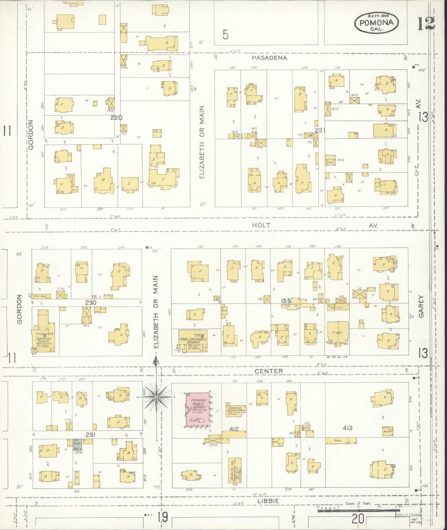 Sanborn Fire Insurance Map from Pomona, Los Angeles County, California (1906), Sheet #0012 - Complete Map Set gallery image, historic Sanborn map, vintage wall art, California California
