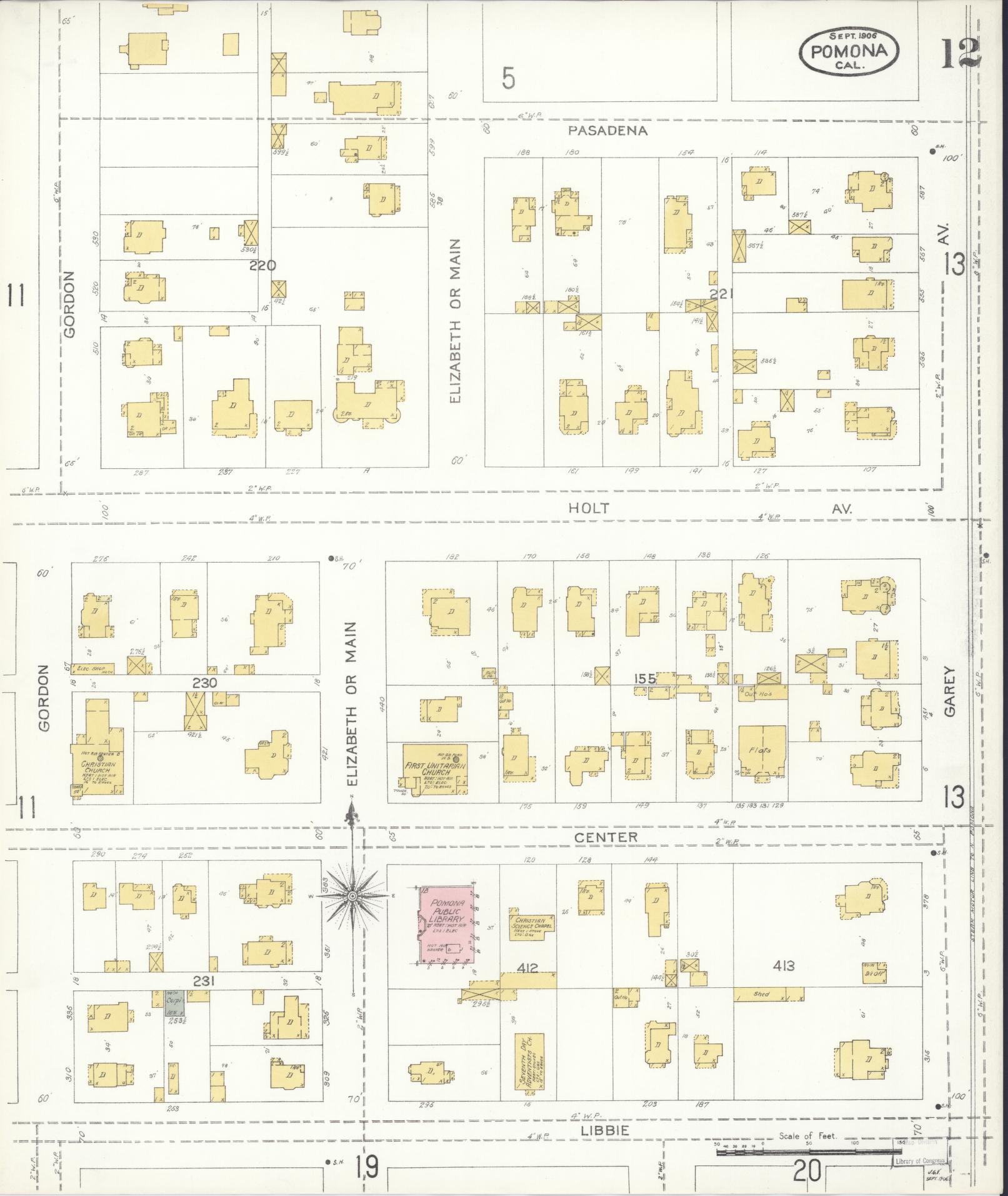 Sanborn Fire Insurance Map from Pomona, Los Angeles County, California (1906), Sheet #0012 - Complete Map Set gallery image, historic Sanborn map, vintage wall art, California California