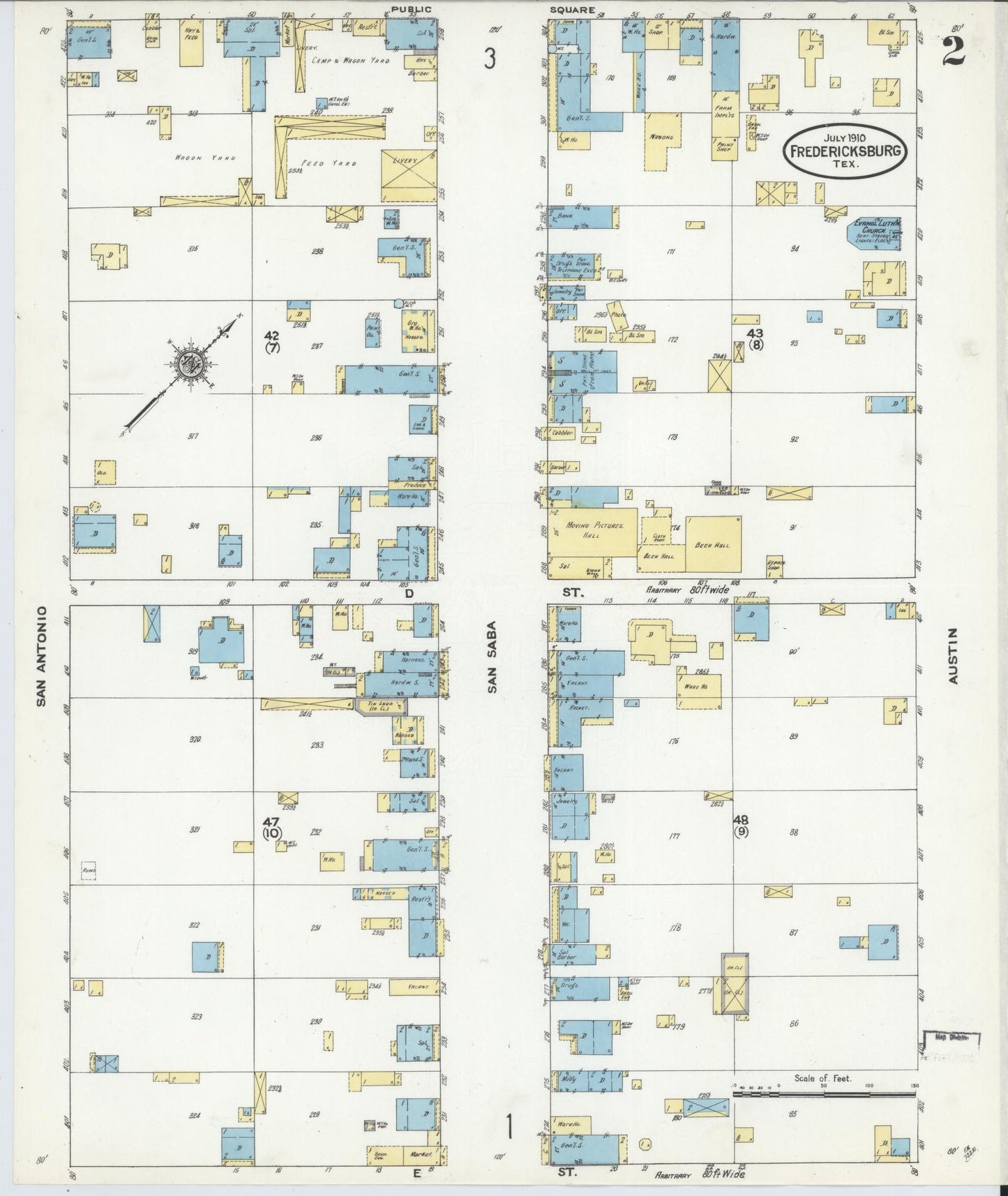 Sanborn Fire Insurance Map from Fredericksburg, Gillespie County, Texas (1910), Sheet #0002 - Complete Map Set gallery image, historic Sanborn map, vintage wall art, Texas Texas