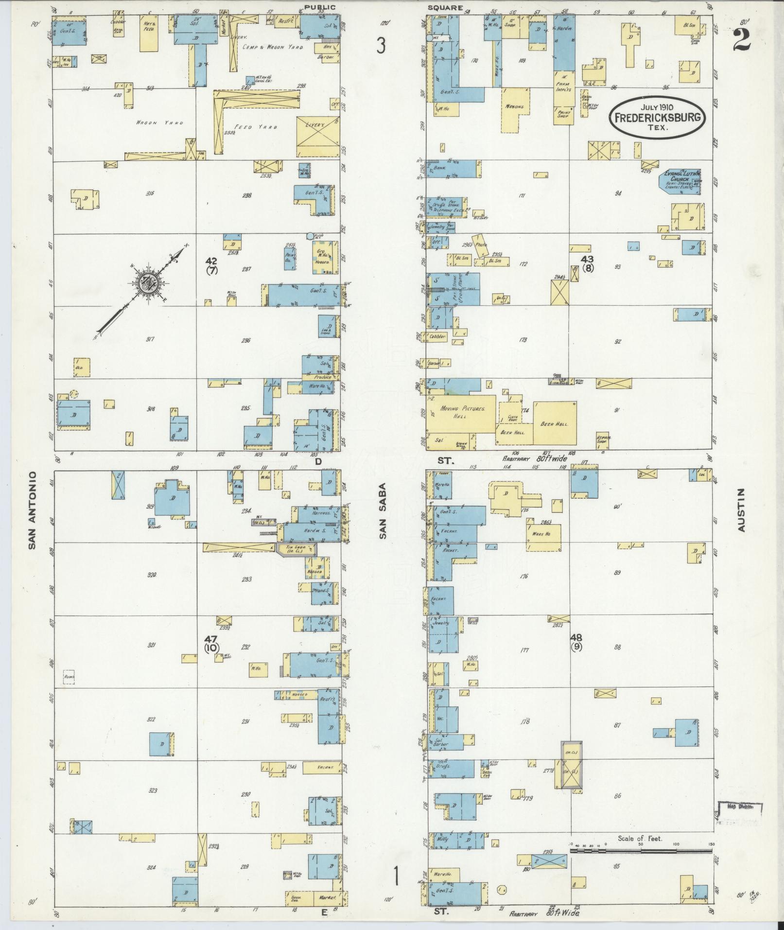 Sanborn Fire Insurance Map from Fredericksburg, Gillespie County, Texas (1910), Sheet #0002 - Complete Map Set gallery image, historic Sanborn map, vintage wall art, Texas Texas