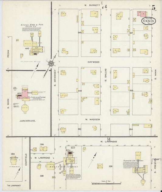 Sanborn Fire Insurance Map from Ennis, Ellis County, Texas (1915), Sheet #0005 - Historic Sanborn Fire Insurance Map Print, vintage old map wall art, antique decor, genealogy gift, Texas Texas map