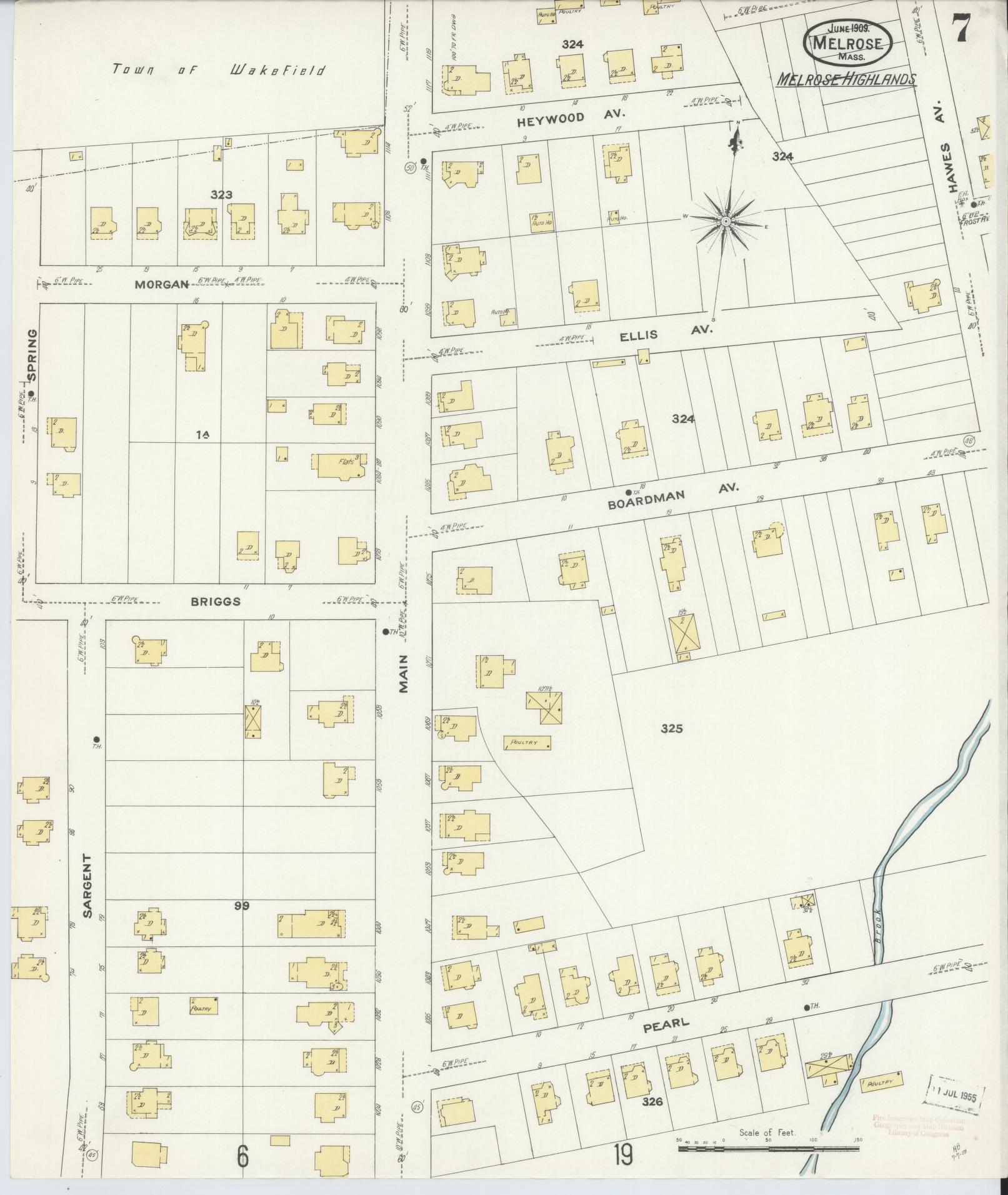 Sanborn Fire Insurance Map from Melrose, Middlesex County, Massachusetts (1909), Sheet #0007 - Historic Sanborn Fire Insurance Map Print, vintage old map wall art, antique decor, genealogy gift, Massachusetts Massachusetts map