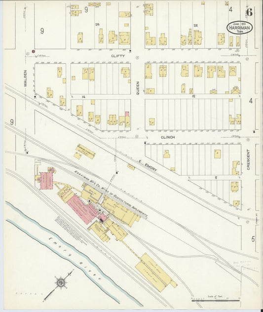 Sanborn Fire Insurance Map from Harriman, Roane County, Tennessee (1913), Sheet #0006 - Historic Sanborn Fire Insurance Map Print, vintage old map wall art, antique decor, genealogy gift, Tennessee Tennessee map