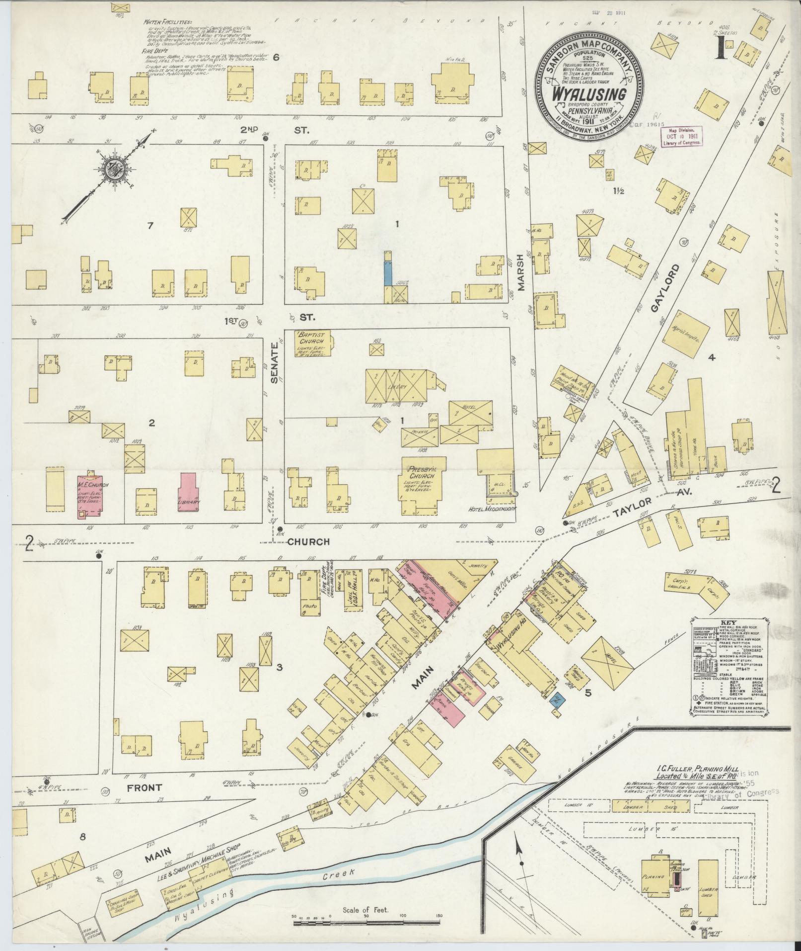 Sanborn Fire Insurance Map from Wyalusing, Wyoming County, Pennsylvania (1911), Sheet #0001 - Historic Sanborn Fire Insurance Map Print, vintage old map wall art, antique decor, genealogy gift, Wyalusing Wyoming map