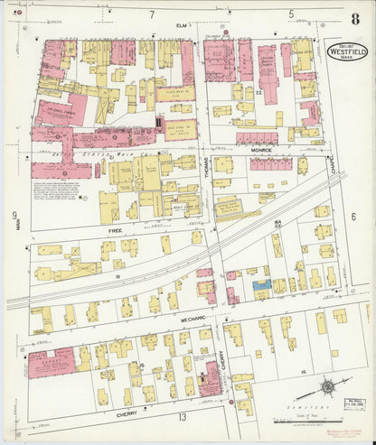 Sanborn Fire Insurance Map from Westfield, Hampden County, Massachusetts (1917), Sheet #0008 - Historic Sanborn Fire Insurance Map Print, vintage old map wall art, antique decor, genealogy gift, Massachusetts Massachusetts map