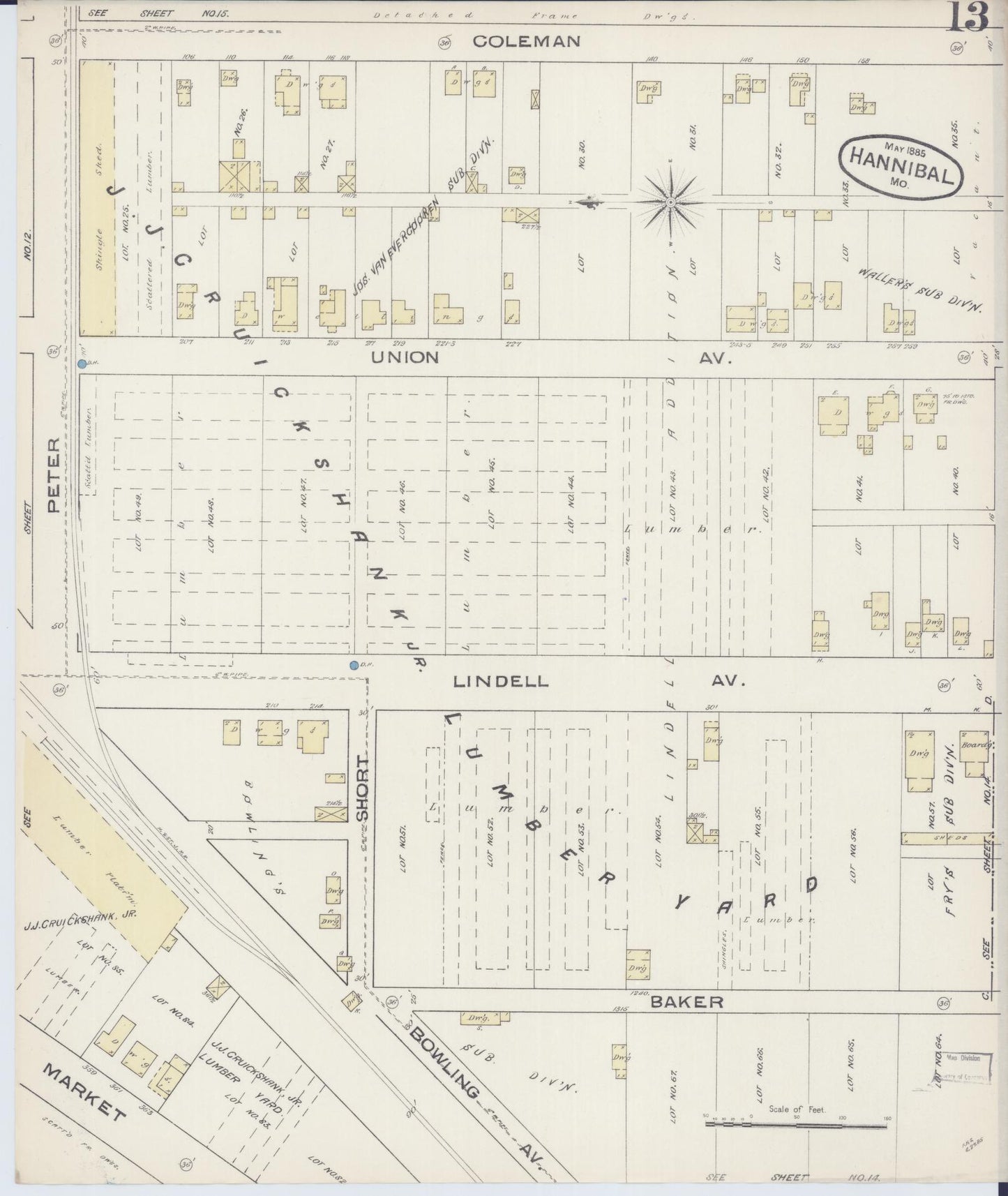 Sanborn Fire Insurance Map from Hannibal, Marion County, Missouri (1885), Sheet #0013 - Complete Map Set gallery image, historic Sanborn map, vintage wall art, Missouri Missouri
