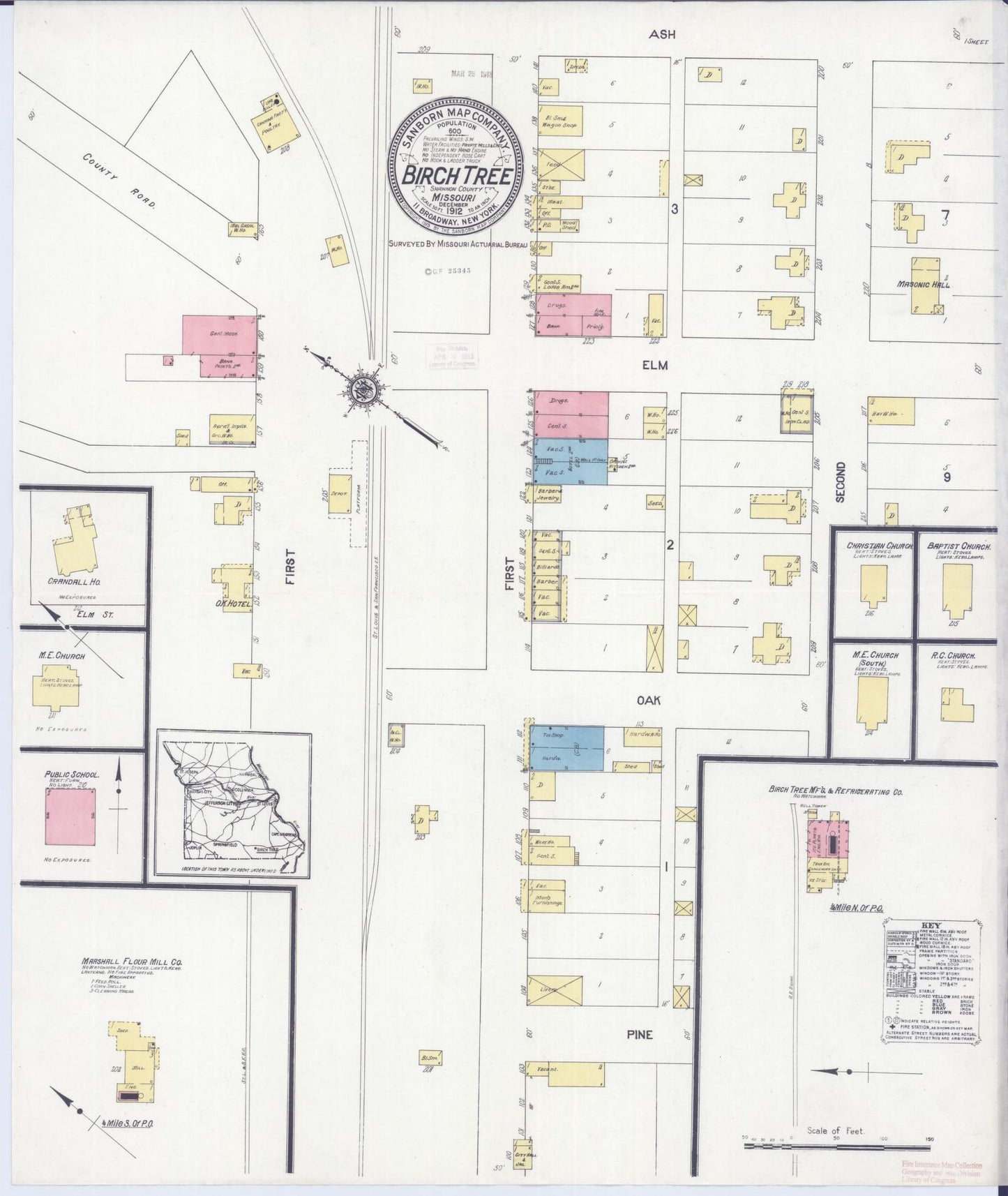 Sanborn Fire Insurance Map from Birch Tree, Shannon County, Missouri (1912), Sheet #0001 - Historic Sanborn Fire Insurance Map Print, vintage old map wall art, antique decor, genealogy gift, Missouri Missouri map