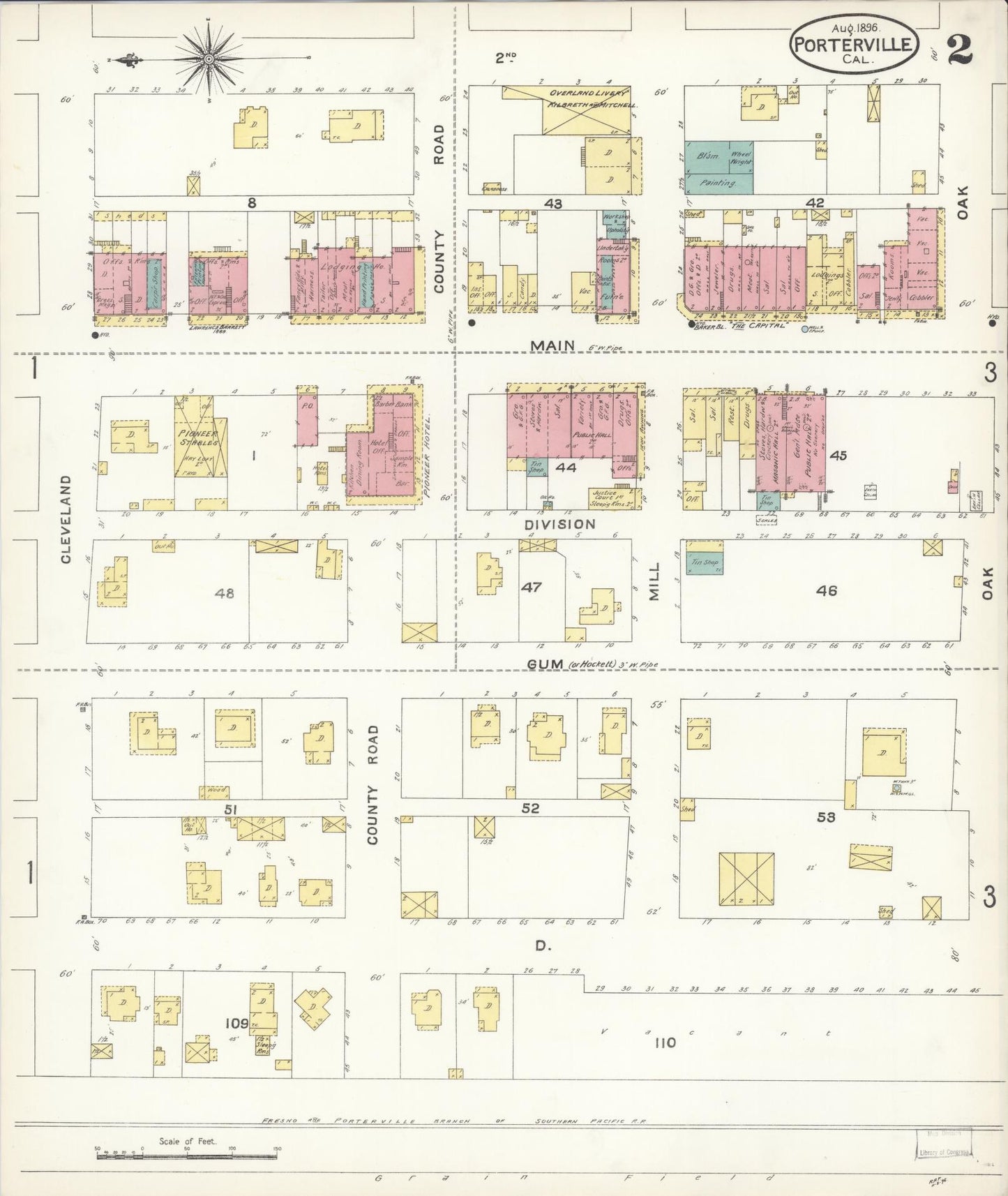 Sanborn Fire Insurance Map from Porterville, Tulare County, California (1896), Sheet #0002 - Complete Map Set gallery image, historic Sanborn map, vintage wall art, California California