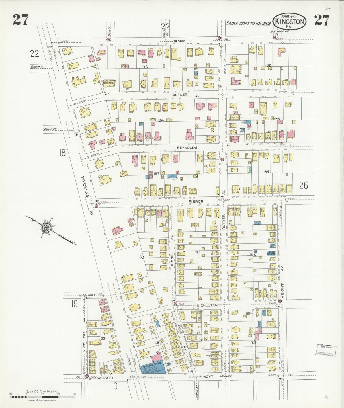 Sanborn Fire Insurance Map from Kingston, Luzerne County, Pennsylvania (1925), Sheet #0027 - Historic Sanborn Fire Insurance Map Print, vintage old map wall art, antique decor, genealogy gift, Pennsylvania Pennsylvania map